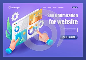 3D Isometric, cartoon. Concept of Seo Optimization for website. Charts and graphs with data. Trending Landing Page