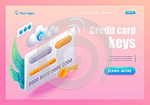 3D Isometric, cartoon. Credit card keys. Credit card security concept. Trending Landing Page