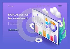 3D Isometric, cartoon. Data analytics, dashboard and business finance report. SEO screen concept for investment