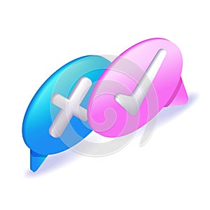 3D Isometric. Cartoon icons, Assignment tasks icon. Speech bubbles with marks. Chat message. Vector illustration