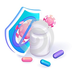 3D Isometric. Cartoon icons. Jar with antiviral capsules of different colors. Concept of virus protection. For vector