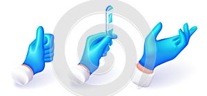 3D Isometric. Cartoon icons. Set of hands of medical workers in blue gloves. Hand gestures for vector illustrations