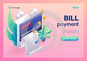 3D Isometric, cartoon. Mobile smart phone with paying bills. Invoice, bill icon. Trending Landing Page