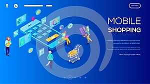 3d Isometric character buying online on blue violet background. Users with tablets and shopping cart around e-commerce
