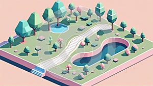 3d isometric city park. Vector illustration. City park.