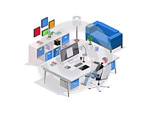 3d isometric composition man study, designer`s seat at the table, around the interior furniture and a sofa, home furnishings or of