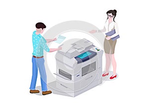 3d isometric composition man and a woman in the office print and copy the files on the printer.