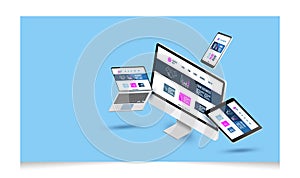 3D Isometric computer responsive and web design development with pc, laptop, mobile phone and tablet vector illustration eps10