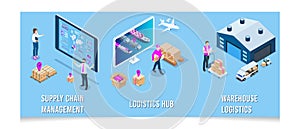 3D isometric concept of Global logistic network and Smart Logistics with Delivery, transport, export, import, cargo and more