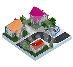 3d isometric conecpt of a small tawn street.