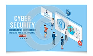 3D isometric Cyber security concept with cloud data under the protection, data privacy, antivirus, encryption, Secure information