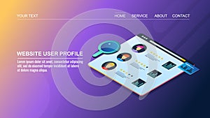 3d isometric design concept of website user profile, management, customer data, rating,