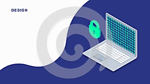 3d isometric flat laptop design. Vector notebook illustration. 3d flat lock protection.