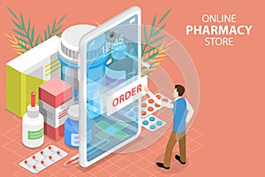 3D Isometric Flat Vector Concept of Online Pharmacy Store, Medicine Ordering Mobile App.