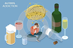 3D Isometric Flat Vector Conceptual Illustration of Alcohol Addiction Problem