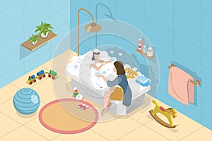 3D Isometric Flat Vector Conceptual Illustration of Baby Bath Time