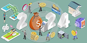 3D Isometric Flat Vector Conceptual Illustration of Banking And Financial Service Trends In New Year 2024