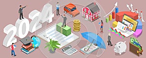3D Isometric Flat Vector Conceptual Illustration of Budget For New 2024 Year