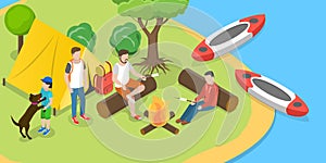 3D Isometric Flat Vector Conceptual Illustration of Camping and Rafting