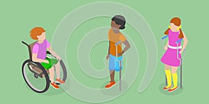 3D Isometric Flat Vector Conceptual Illustration of Children With Cerebral Palsy