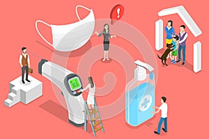 3D Isometric Flat Vector Conceptual Illustration of Covid 19 Prevention Measures.