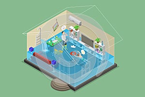 3D Isometric Flat Vector Conceptual Illustration of Flooded Room