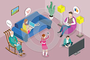 3D Isometric Flat Vector Conceptual Illustration of Gadget Addicted Family