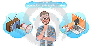 3D Isometric Flat Vector Conceptual Illustration of Inbound vs Outbound Marketing.