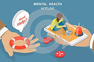 3D Isometric Flat Vector Conceptual Illustration of Mental Health Hotline