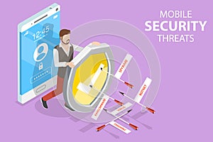 3D Isometric Flat Vector Conceptual Illustration of Mobile Security Threats.