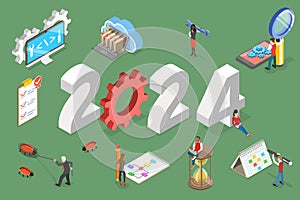 3D Isometric Flat Vector Conceptual Illustration of New Year 2024 And Software Development