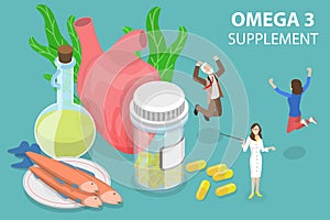 3D Isometric Flat Vector Conceptual Illustration of Omega 3 Supplement.