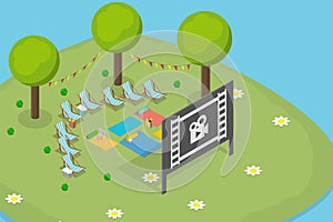 3D Isometric Flat Vector Conceptual Illustration of Outdoor Cinema