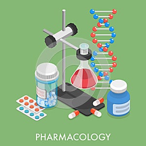 3D Isometric Flat Vector Conceptual Illustration of Pharmacology.