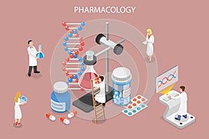 3D Isometric Flat Vector Conceptual Illustration of Pharmacology.