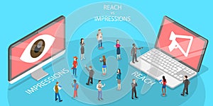 3D Isometric Flat Vector Conceptual Illustration of Reach vs Impression.