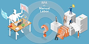 3D Isometric Flat Vector Conceptual Illustration of RPA vs Manual Labor