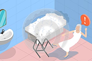 3D Isometric Flat Vector Conceptual Illustration of Slipping Wet Floor