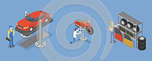 3D Isometric Flat Vector Illustration of Auto Repair Services