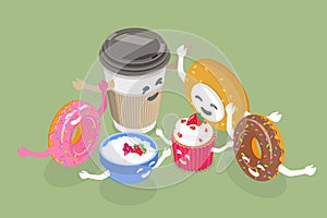 3D Isometric Flat Vector Illustration of Cute Morning Emoji Drink And Desserts