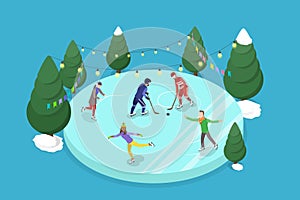 3D Isometric Flat Vector Illustration of Family Skating And Playing Hockey