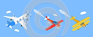 3D Isometric Flat Vector Illustration of Flying Vintage Airplanes