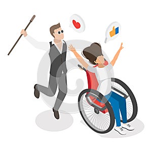 3D Isometric Flat Vector Illustration of Happy Active Disabled People. Item 3