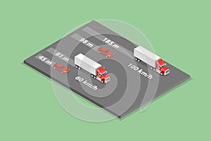 3D Isometric Flat Vector Illustration of Heavy Truck Braking Distances