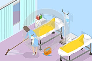 3D Isometric Flat Vector Illustration of Mopping Hospital Floor