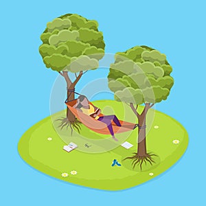 3D Isometric Flat Vector Illustration of Relaxing Lying In Hammock