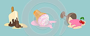 3D Isometric Flat Vector Illustration of Set of Fallen Ice Creams