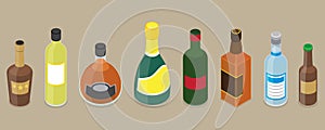 3D Isometric Flat Vector Set of Bottles with Alcohol Drinks