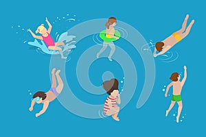 3D Isometric Flat Vector Set of Children Snorkeling