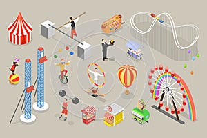 3D Isometric Flat Vector Set of Circus Attributes